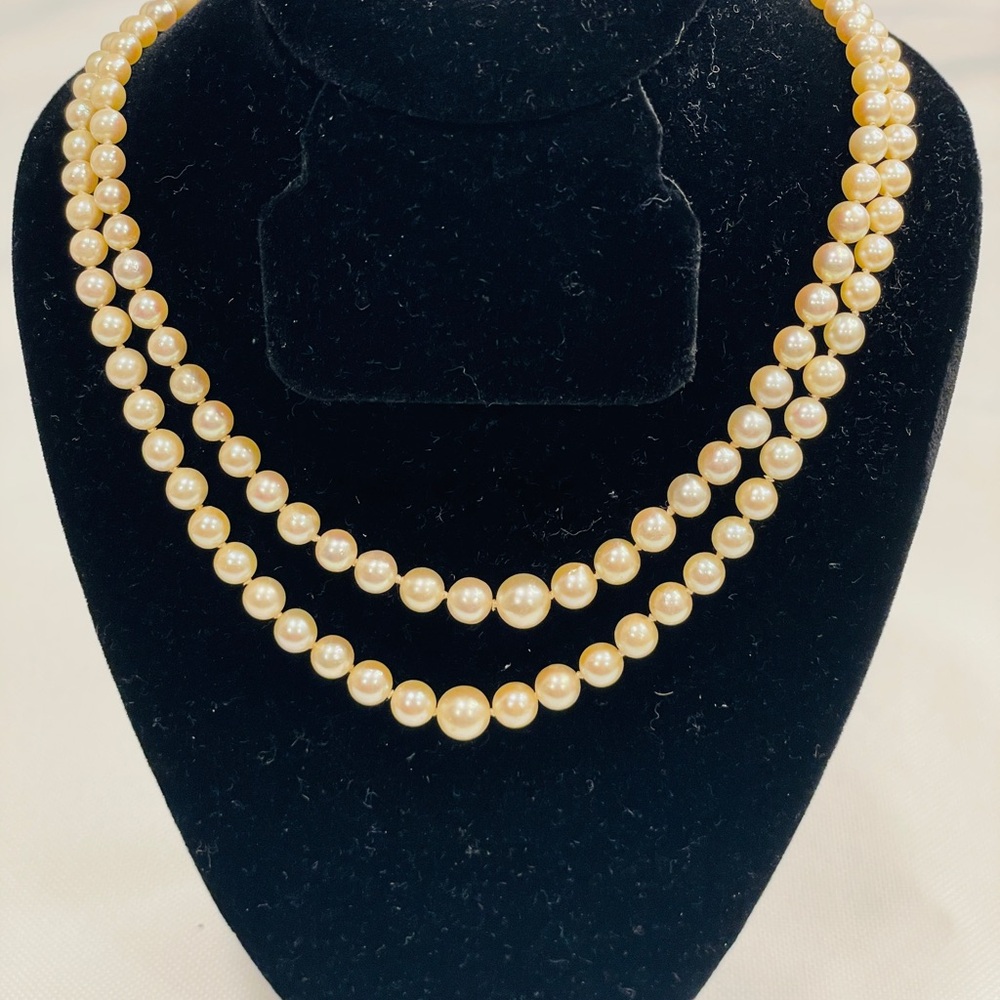 JKA Graduated Double Strand Cultured Akoya Pearl 14k Gold Clasp Necklace